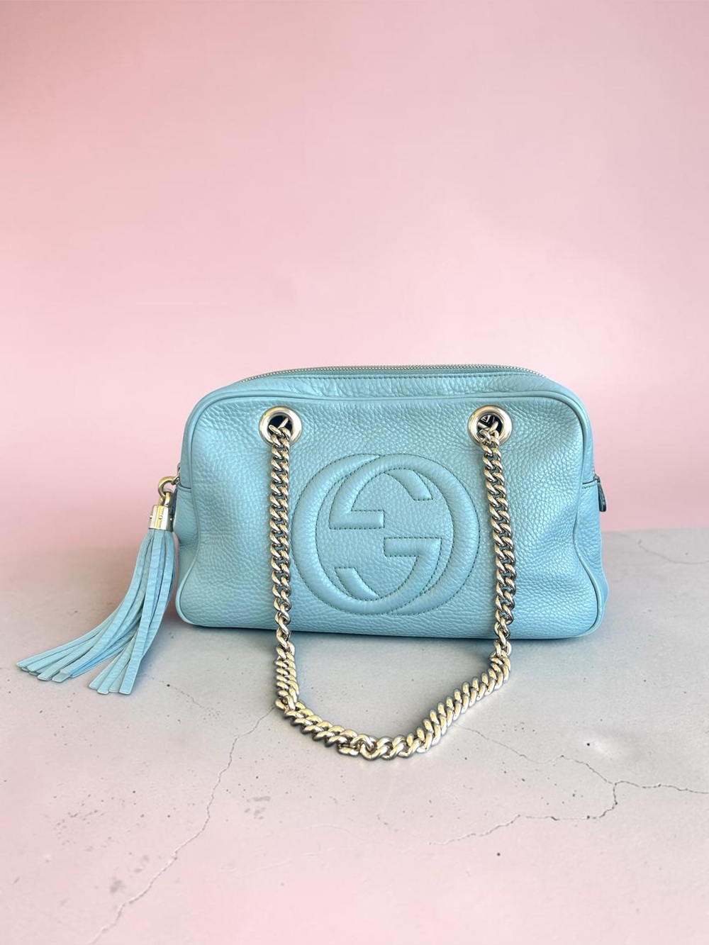 Gucci Soho Light Blue Leather Chain Shoulder Bag